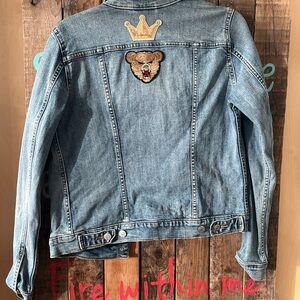 Denim Jacket with Bear and Crown Patches